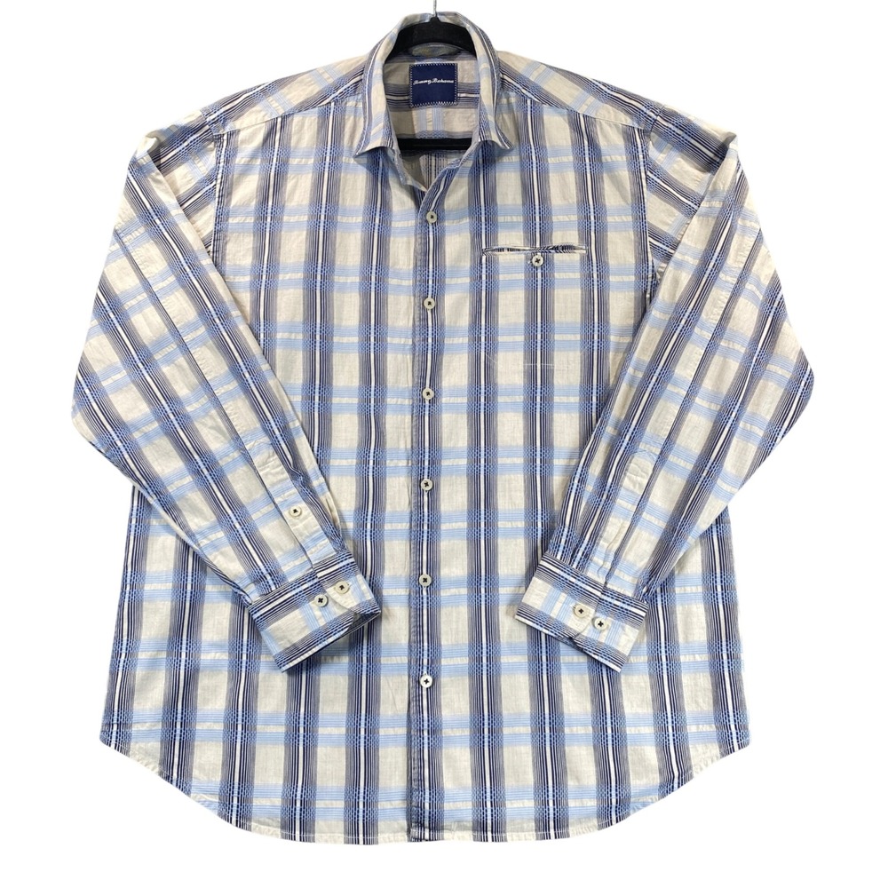 Tommy Bahama Mens Large Blue Plaid Cotton Long Sleeve Button Up Shirt Coastal